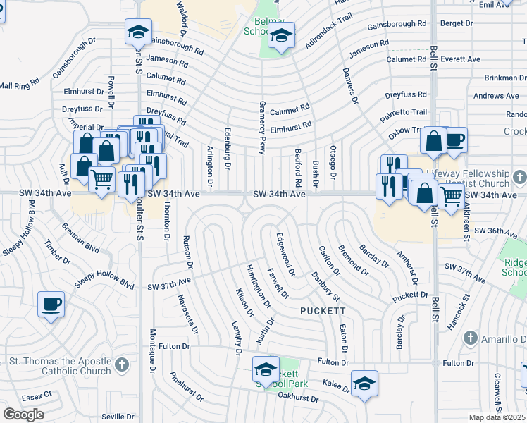 map of restaurants, bars, coffee shops, grocery stores, and more near 3506 Farwell Drive in Amarillo