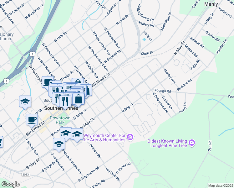 map of restaurants, bars, coffee shops, grocery stores, and more near 500 North May Street in Southern Pines