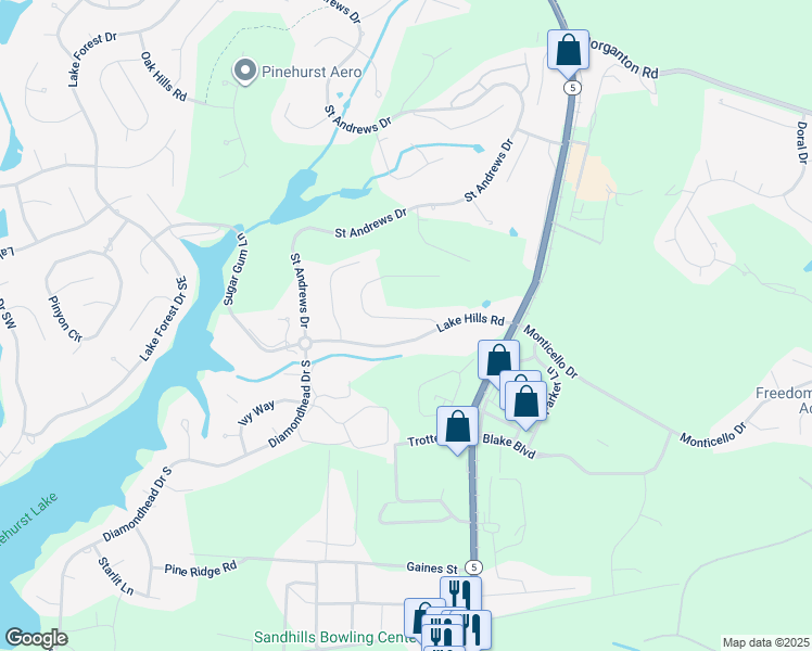 map of restaurants, bars, coffee shops, grocery stores, and more near 25 Baltusrol Lane in Pinehurst