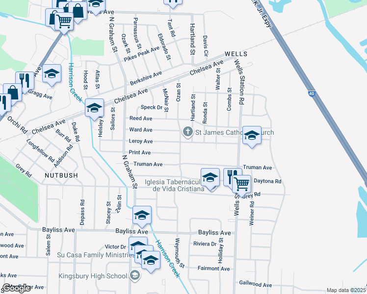 map of restaurants, bars, coffee shops, grocery stores, and more near 4151 Print Avenue in Memphis