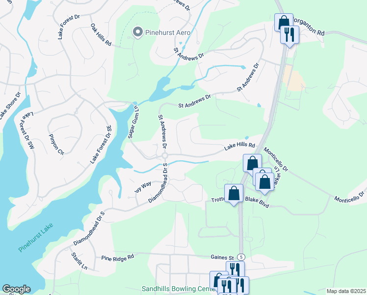 map of restaurants, bars, coffee shops, grocery stores, and more near 20 Thunderbird Ln in Pinehurst