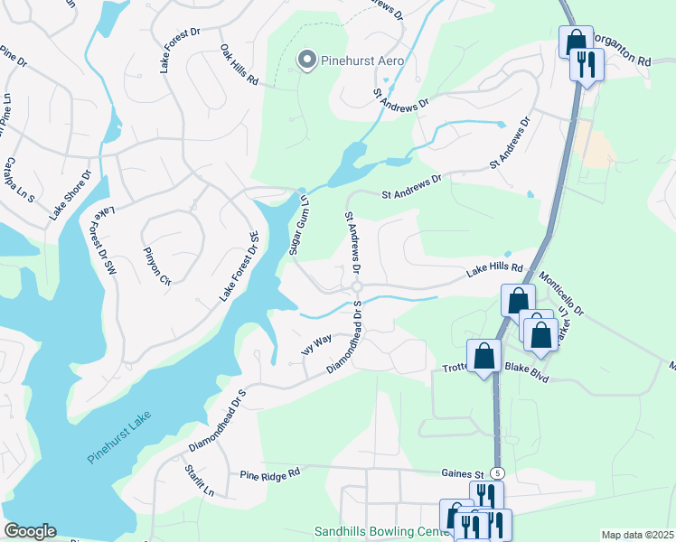 map of restaurants, bars, coffee shops, grocery stores, and more near 285 Sugar Gum Lane in Pinehurst
