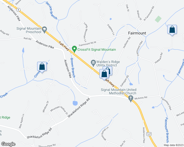 map of restaurants, bars, coffee shops, grocery stores, and more near 2104 Mourning Dove Lane in Signal Mountain
