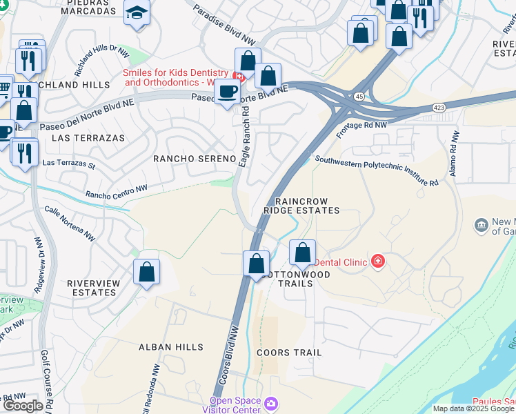 map of restaurants, bars, coffee shops, grocery stores, and more near 8008 Bluffs Edge Place Northwest in Albuquerque