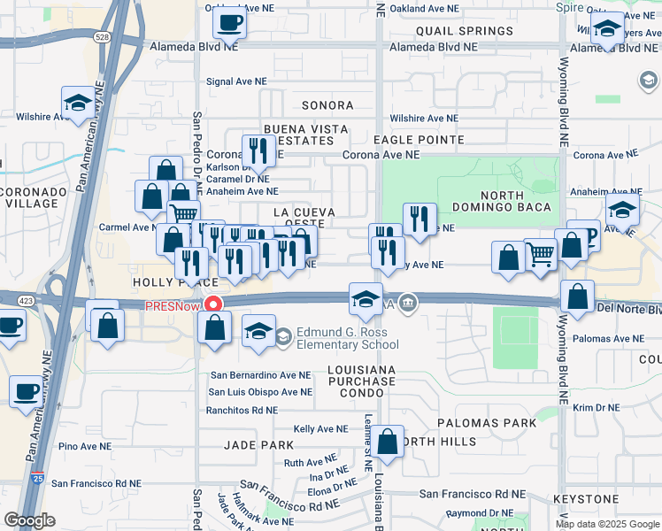 map of restaurants, bars, coffee shops, grocery stores, and more near 6800 Holly Avenue Northeast in Albuquerque