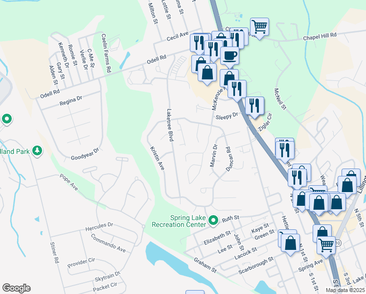 map of restaurants, bars, coffee shops, grocery stores, and more near 205 Dingo Road in Spring Lake