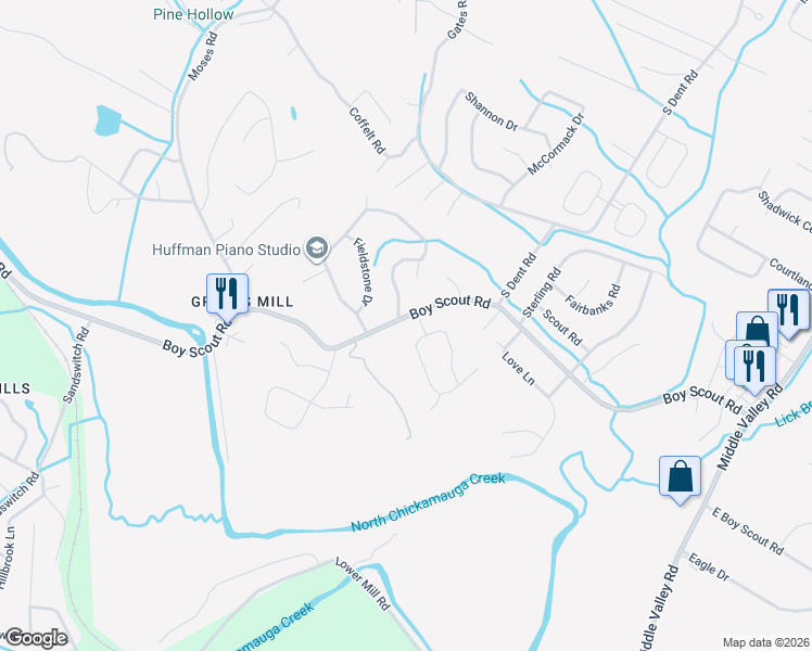 map of restaurants, bars, coffee shops, grocery stores, and more near 7143 Crestfield Circle in Middle Valley