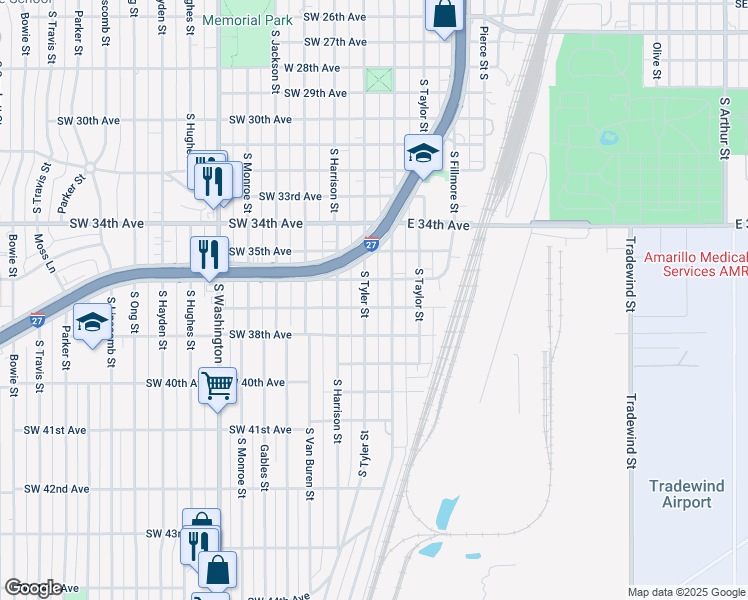 map of restaurants, bars, coffee shops, grocery stores, and more near 3704 South Tyler Street in Amarillo