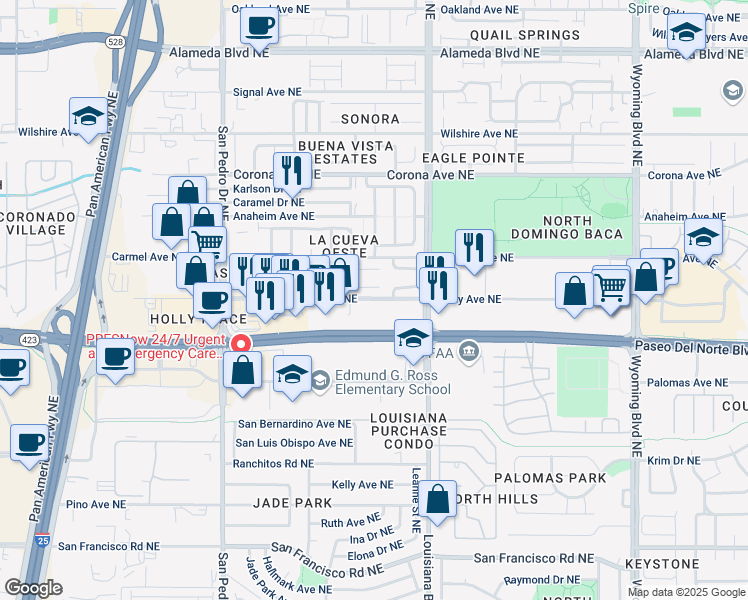 map of restaurants, bars, coffee shops, grocery stores, and more near 6800 Holly Avenue Northeast in Albuquerque