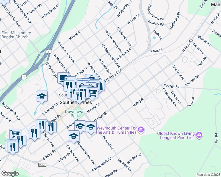map of restaurants, bars, coffee shops, grocery stores, and more near 160 East Vermont Avenue in Southern Pines