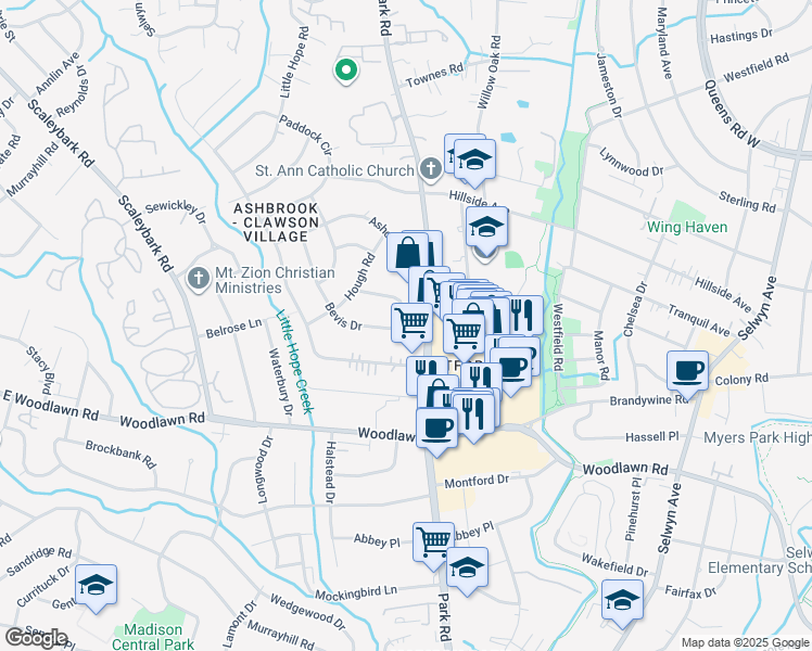 map of restaurants, bars, coffee shops, grocery stores, and more near 4108 Park Road in Charlotte