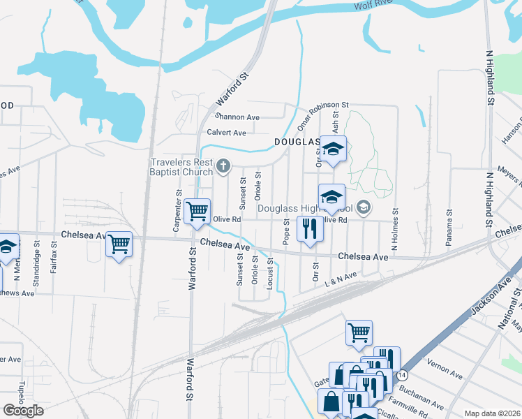 map of restaurants, bars, coffee shops, grocery stores, and more near 3067 Mount Olive Road in Memphis