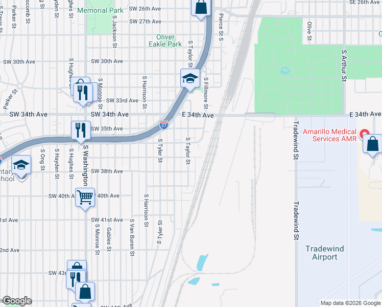 map of restaurants, bars, coffee shops, grocery stores, and more near 3707 South Taylor Street in Amarillo