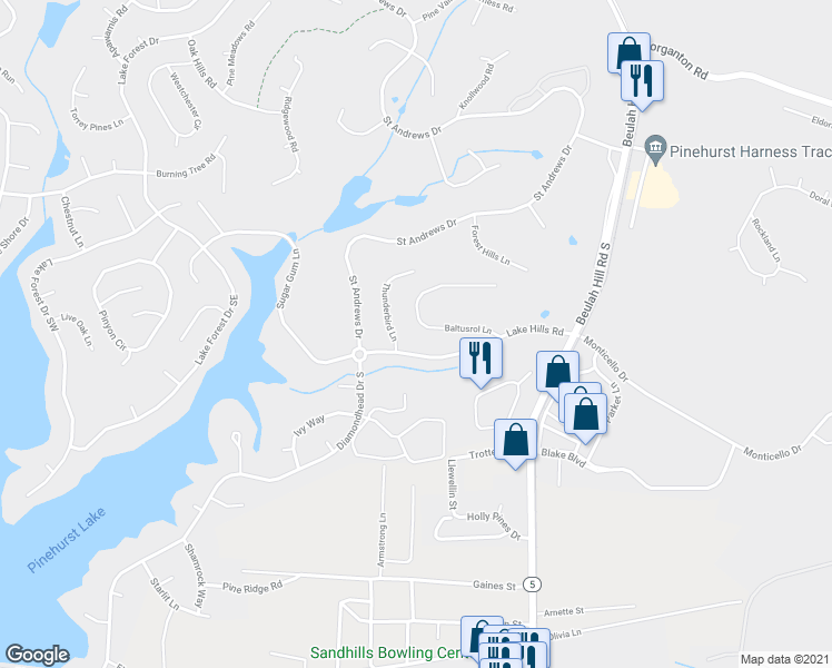map of restaurants, bars, coffee shops, grocery stores, and more near 85 Baltusrol Lane in Pinehurst