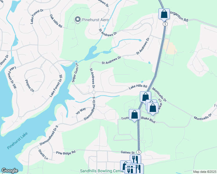 map of restaurants, bars, coffee shops, grocery stores, and more near 85 Baltusrol Lane in Pinehurst