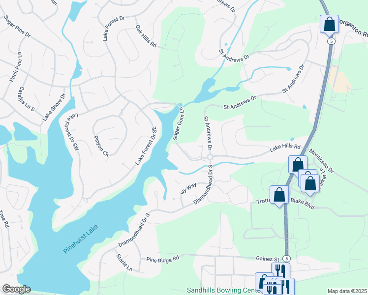 map of restaurants, bars, coffee shops, grocery stores, and more near 265 Sugar Gum Lane in Pinehurst