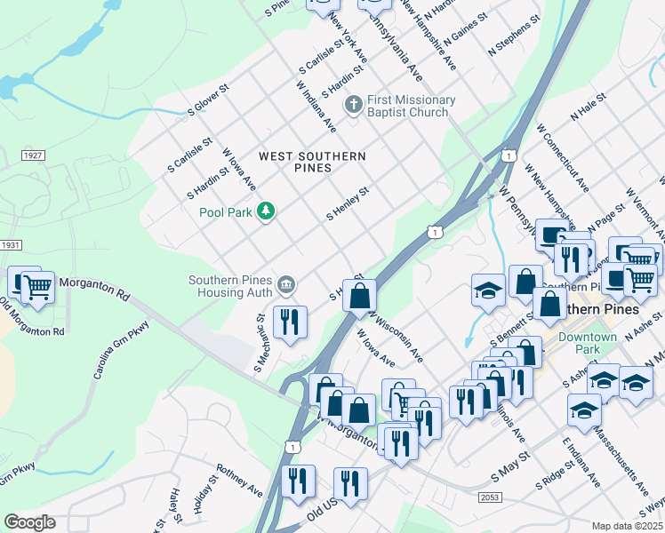 map of restaurants, bars, coffee shops, grocery stores, and more near 633 South Mechanic Street in Southern Pines
