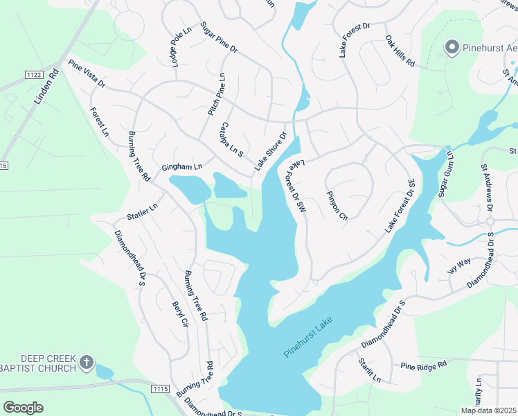 map of restaurants, bars, coffee shops, grocery stores, and more near 2 Lake Shore Court in Pinehurst