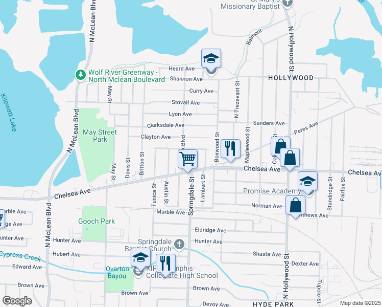 map of restaurants, bars, coffee shops, grocery stores, and more near 1415 Springdale Street in Memphis