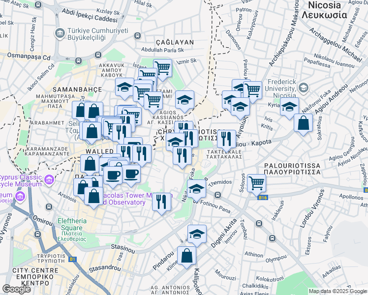 map of restaurants, bars, coffee shops, grocery stores, and more near Dimonaktos in Nicosia