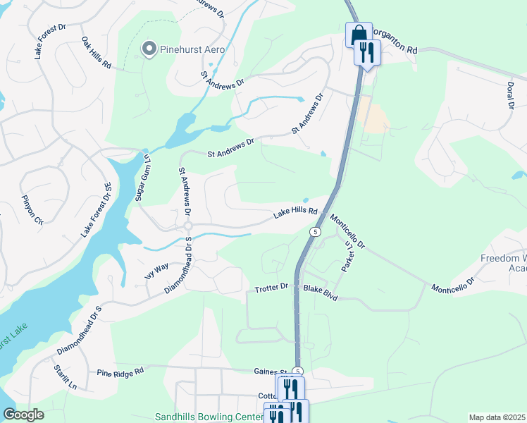 map of restaurants, bars, coffee shops, grocery stores, and more near 25 Baltusrol Lane in Pinehurst