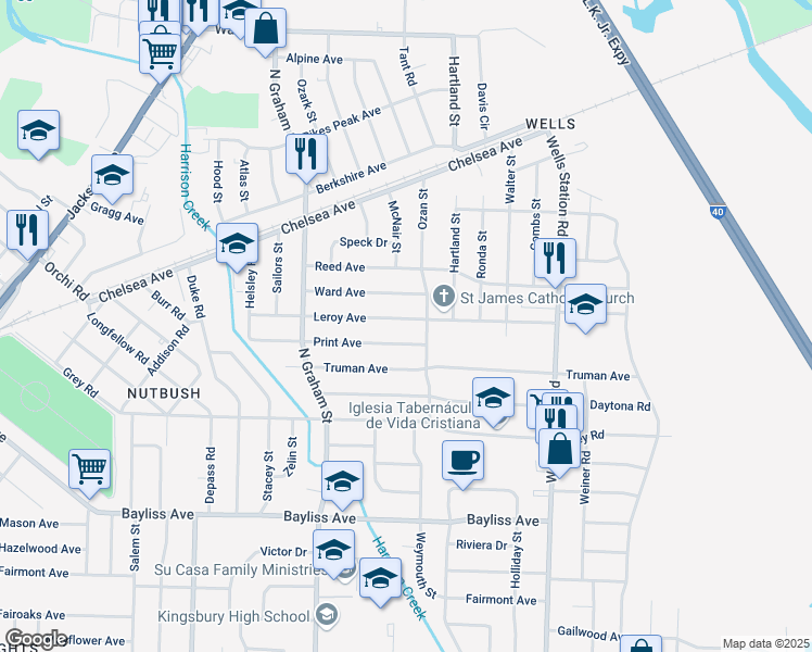 map of restaurants, bars, coffee shops, grocery stores, and more near 1637 Ozan Street in Memphis