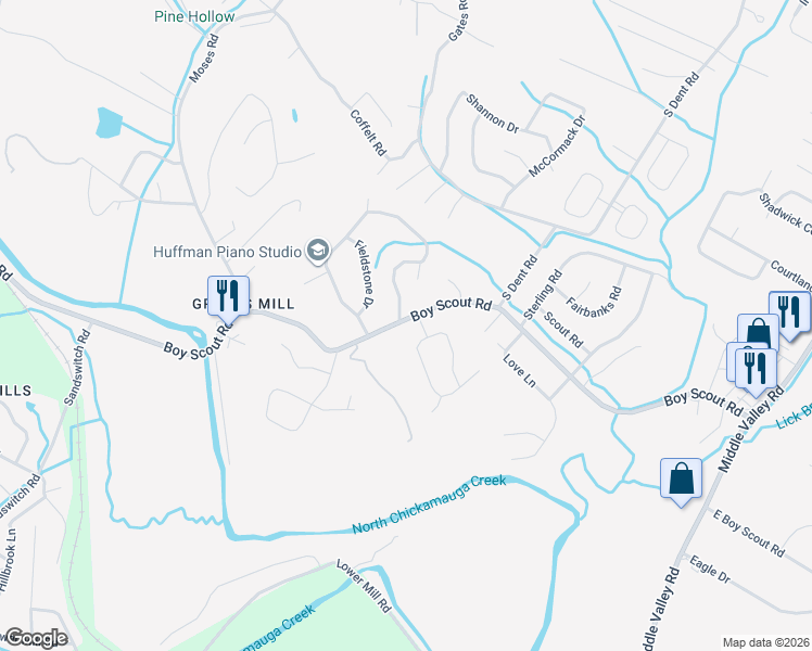 map of restaurants, bars, coffee shops, grocery stores, and more near 1151 Boy Scout Road in Middle Valley