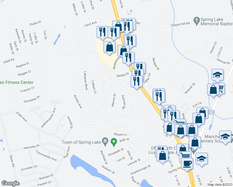 map of restaurants, bars, coffee shops, grocery stores, and more near 105 Marvin Drive in Spring Lake