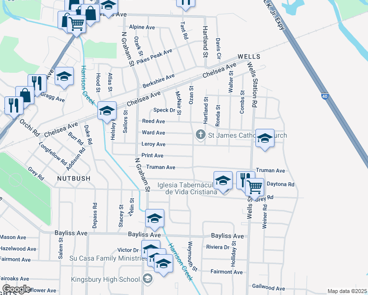 map of restaurants, bars, coffee shops, grocery stores, and more near 1637 Ozan Street in Memphis