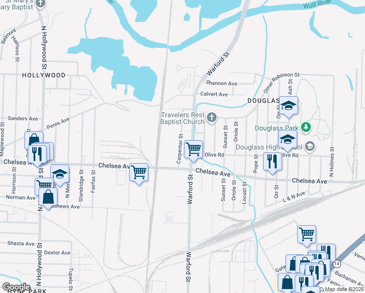 map of restaurants, bars, coffee shops, grocery stores, and more near 1611 Warford Street in Memphis