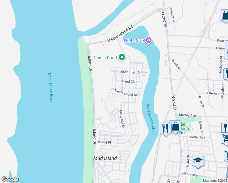 map of restaurants, bars, coffee shops, grocery stores, and more near 1325 Island Shore Drive in Memphis