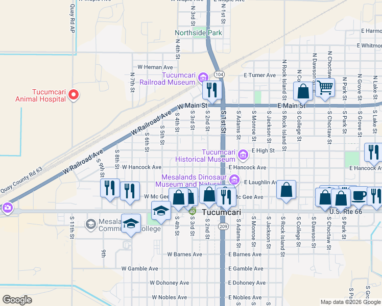 map of restaurants, bars, coffee shops, grocery stores, and more near 301-399 South 3rd Street in Tucumcari