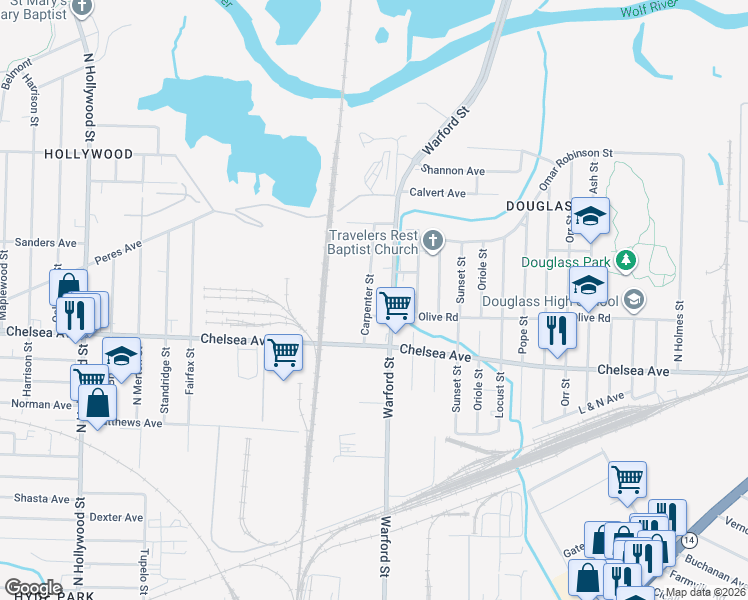 map of restaurants, bars, coffee shops, grocery stores, and more near 1611 Warford Street in Memphis