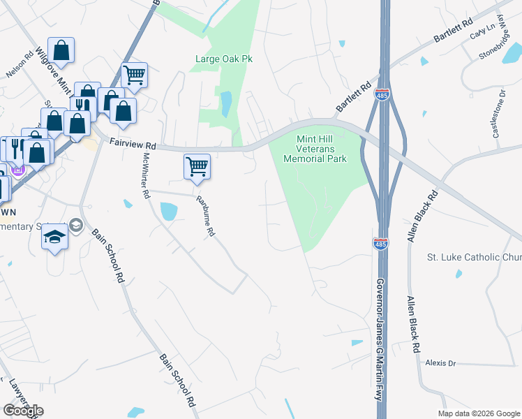 map of restaurants, bars, coffee shops, grocery stores, and more near 8600 Fairview Road in Mint Hill