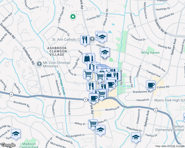 map of restaurants, bars, coffee shops, grocery stores, and more near in Charlotte