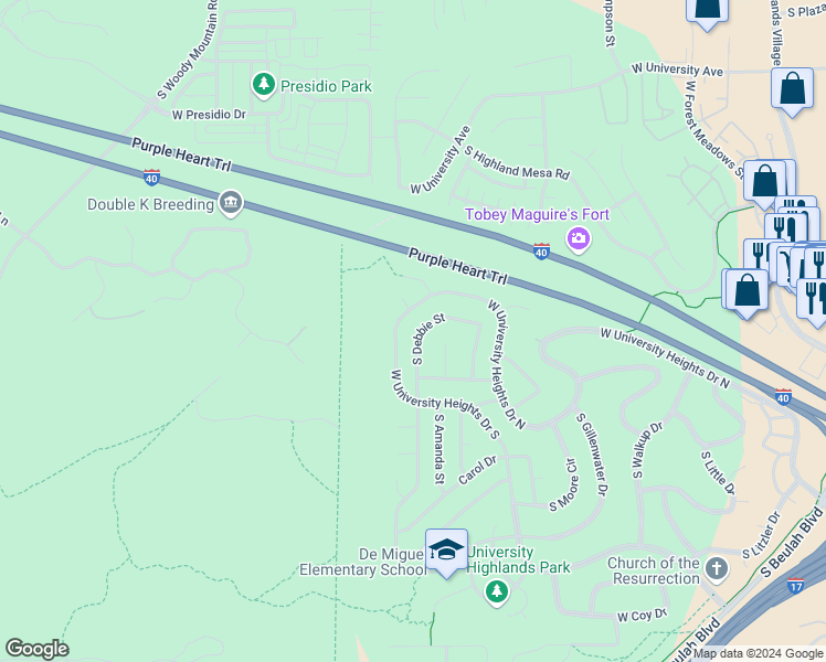 map of restaurants, bars, coffee shops, grocery stores, and more near 3331 South Debbie Street in Flagstaff
