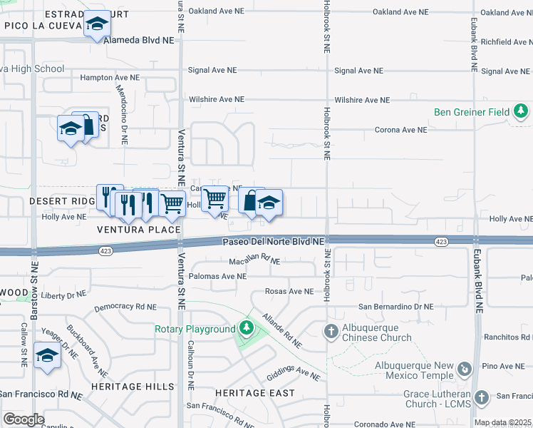 map of restaurants, bars, coffee shops, grocery stores, and more near 8208 Copper Leaf Tr Northeast in Albuquerque