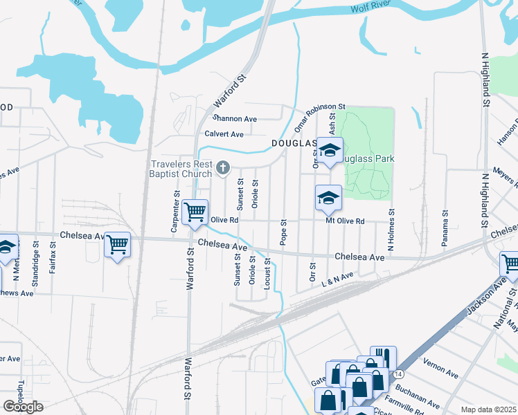 map of restaurants, bars, coffee shops, grocery stores, and more near 1610 Oriole Street in Memphis