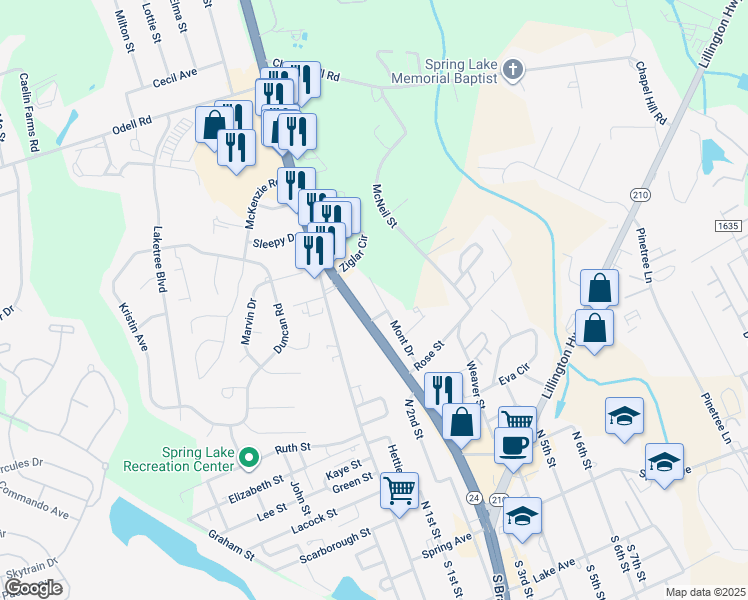 map of restaurants, bars, coffee shops, grocery stores, and more near 712 North Bragg Boulevard in Spring Lake