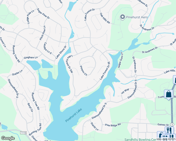 map of restaurants, bars, coffee shops, grocery stores, and more near 6 White Birch Lane in Pinehurst