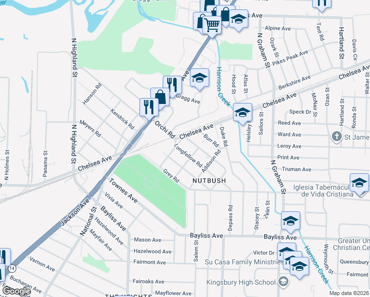 map of restaurants, bars, coffee shops, grocery stores, and more near 3768 Orchi Road in Memphis