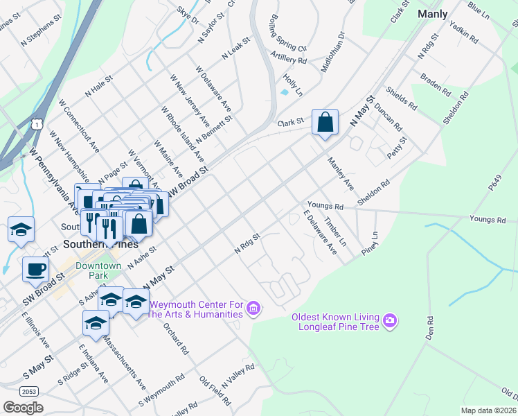map of restaurants, bars, coffee shops, grocery stores, and more near 270 East New Jersey Avenue in Southern Pines