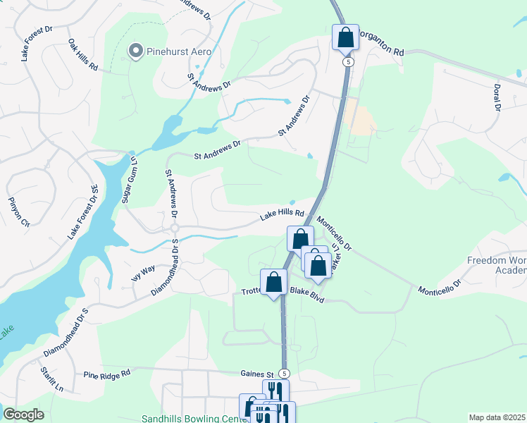 map of restaurants, bars, coffee shops, grocery stores, and more near 85 Lake Hills Road in Pinehurst