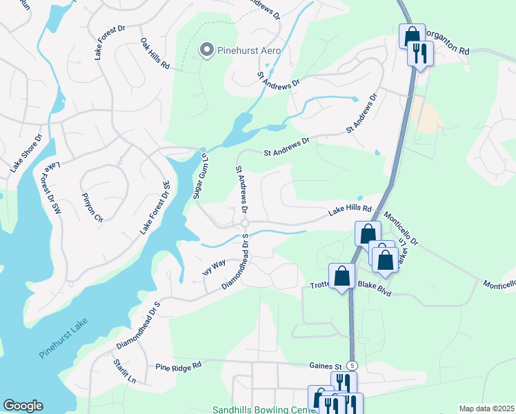map of restaurants, bars, coffee shops, grocery stores, and more near 35 Thunderbird Lane in Pinehurst