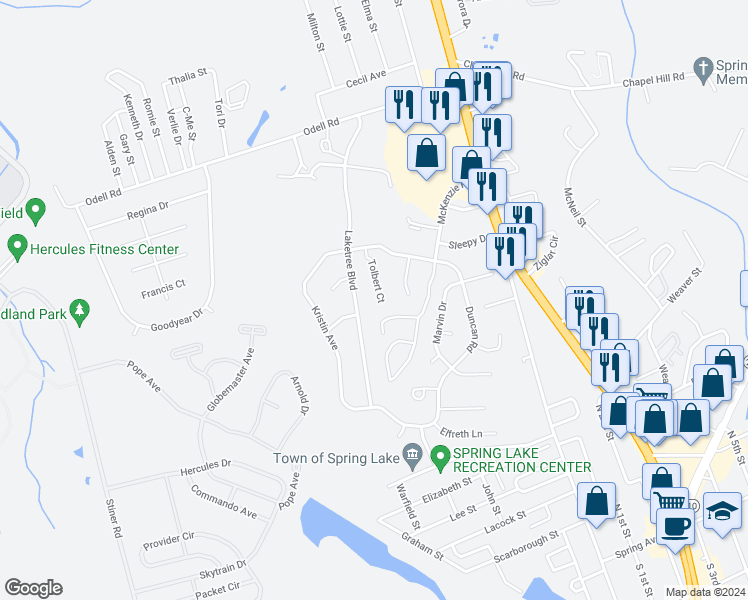 map of restaurants, bars, coffee shops, grocery stores, and more near 800 McKenzie Road in Spring Lake