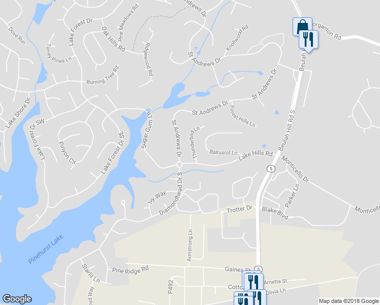 map of restaurants, bars, coffee shops, grocery stores, and more near 35 Thunderbird Lane in Pinehurst