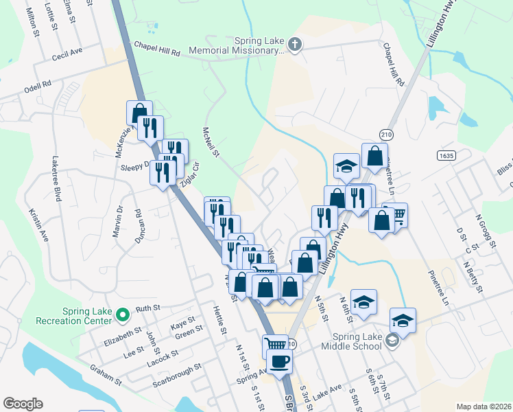 map of restaurants, bars, coffee shops, grocery stores, and more near 833 McNeil Street in Spring Lake