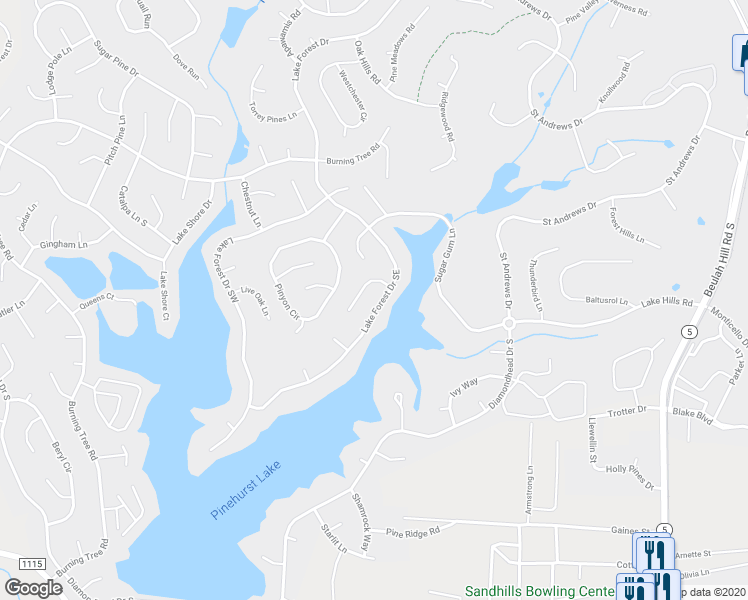 map of restaurants, bars, coffee shops, grocery stores, and more near 625 Lake Forest Drive Southeast in Pinehurst