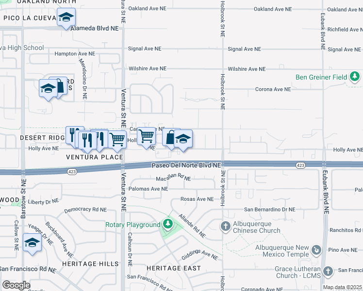 map of restaurants, bars, coffee shops, grocery stores, and more near 8208 Copper Leaf Tr Northeast in Albuquerque
