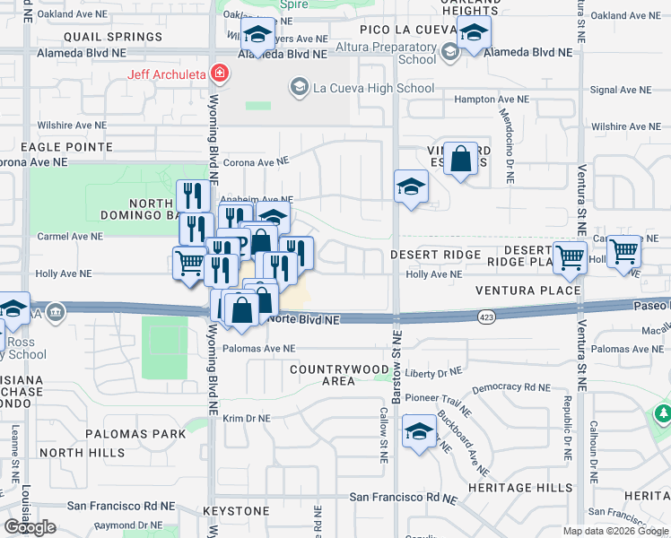 map of restaurants, bars, coffee shops, grocery stores, and more near 8009 Oso Rico Road Northeast in Albuquerque